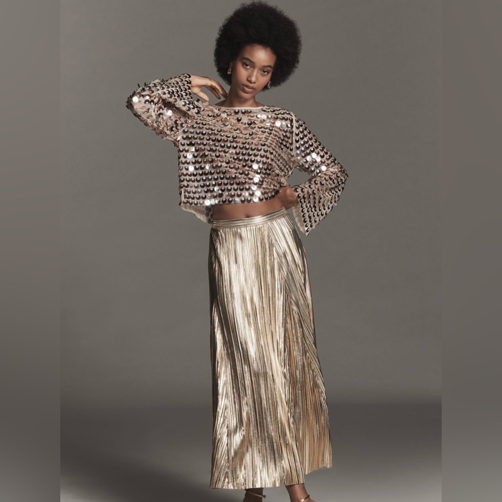 NWT Anthropologie Elegant Gold Pleated Midi Skirt
